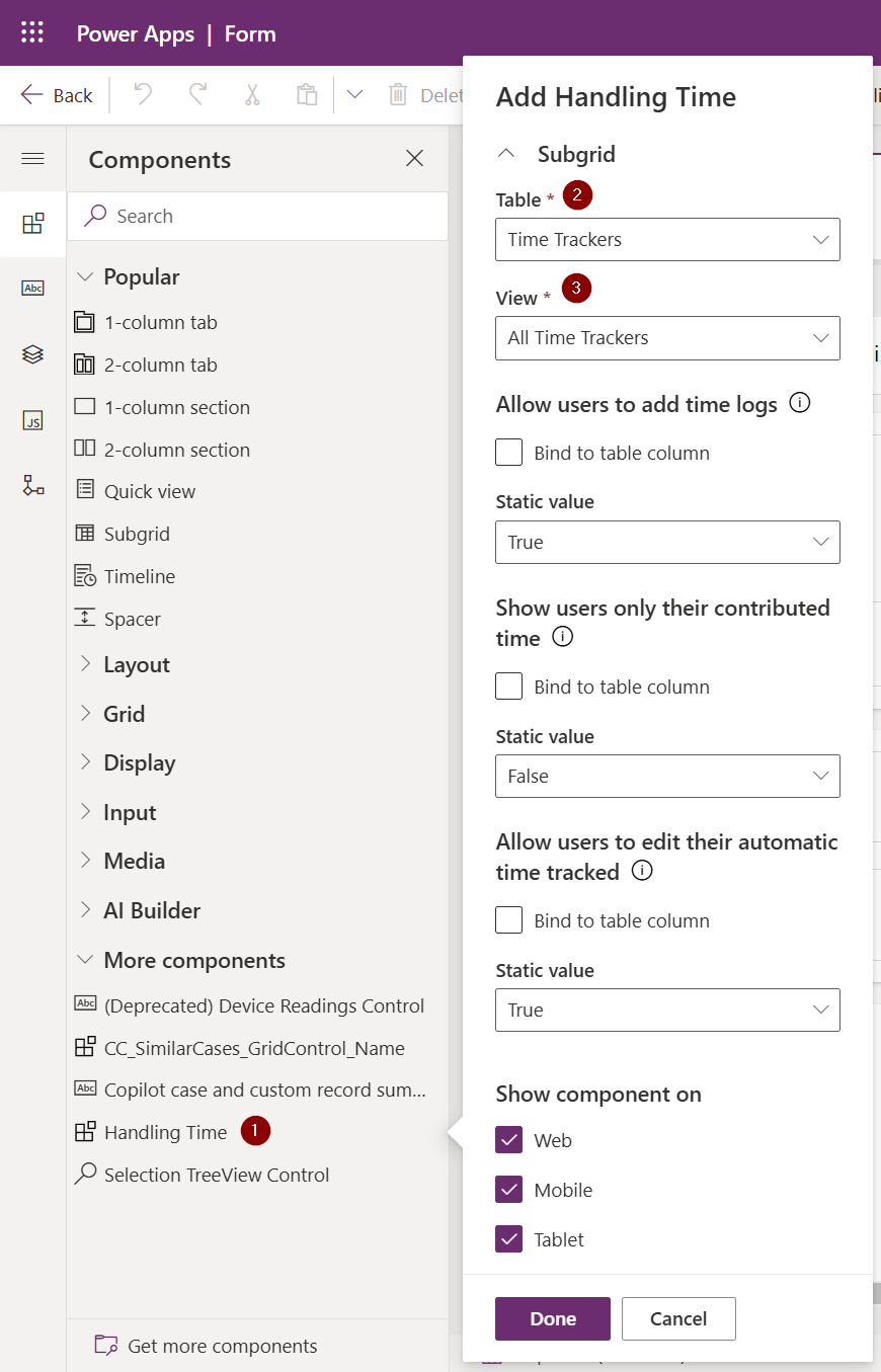 Zeigt anhand einer Aufzählung, wie die Komponente dem gewünschten Formular hinzugefügt wird.