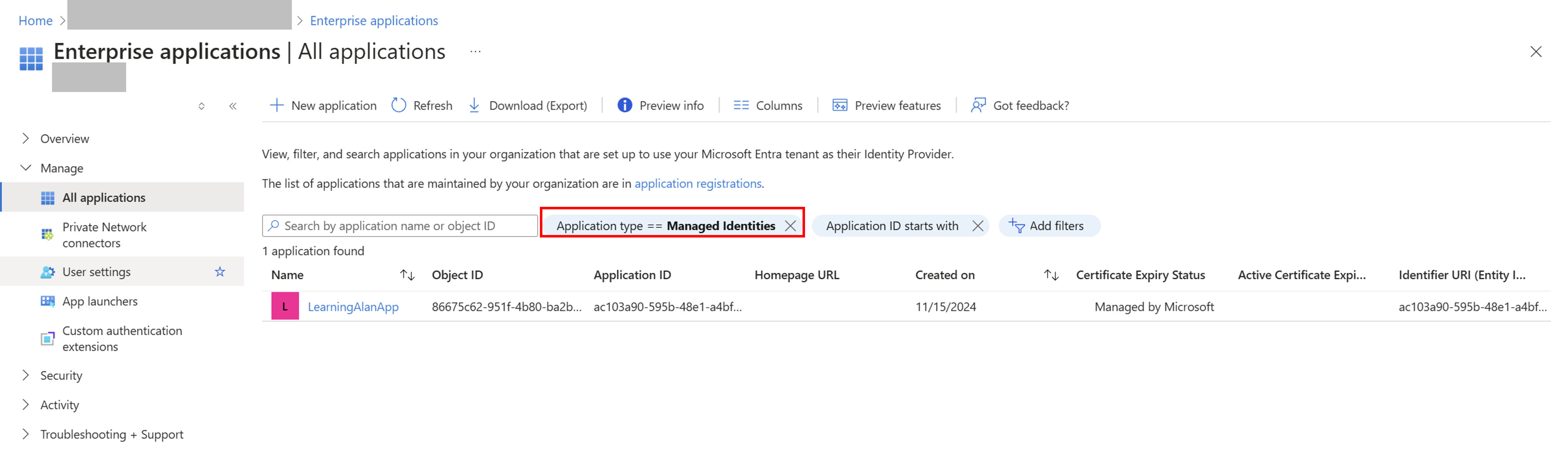 managed identity in enterprise applications