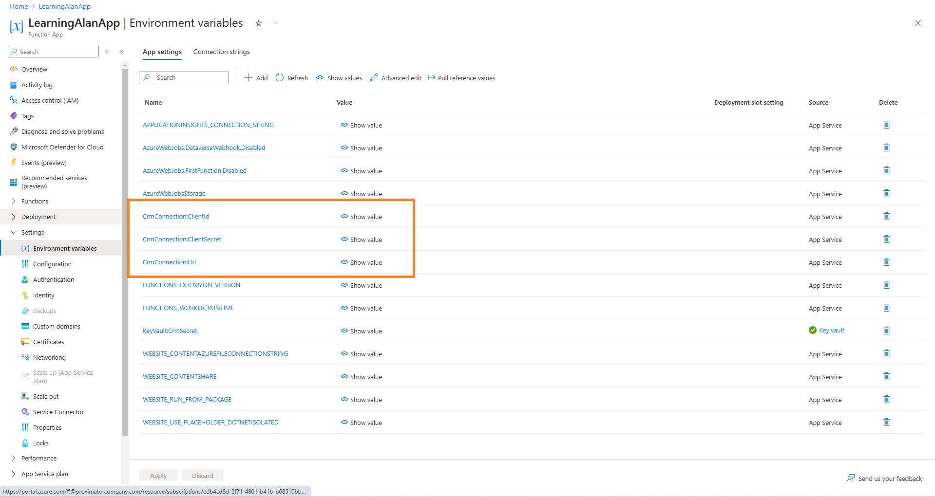 azure function app environment settings